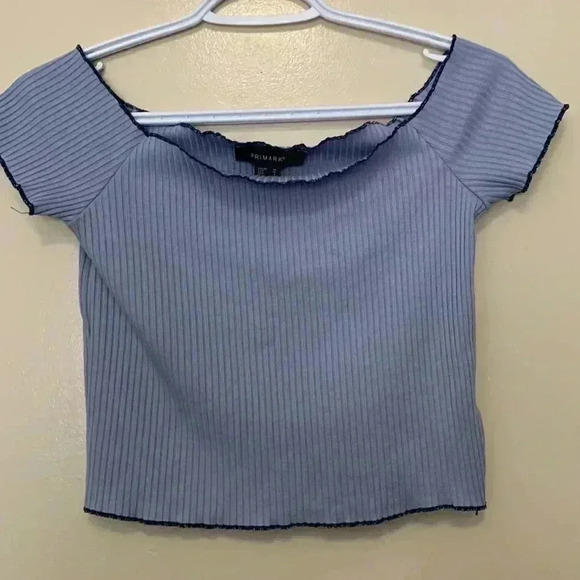 Primark, pale blue crop top with navy blue accent, off the shoulder style - Picture 1 of 7